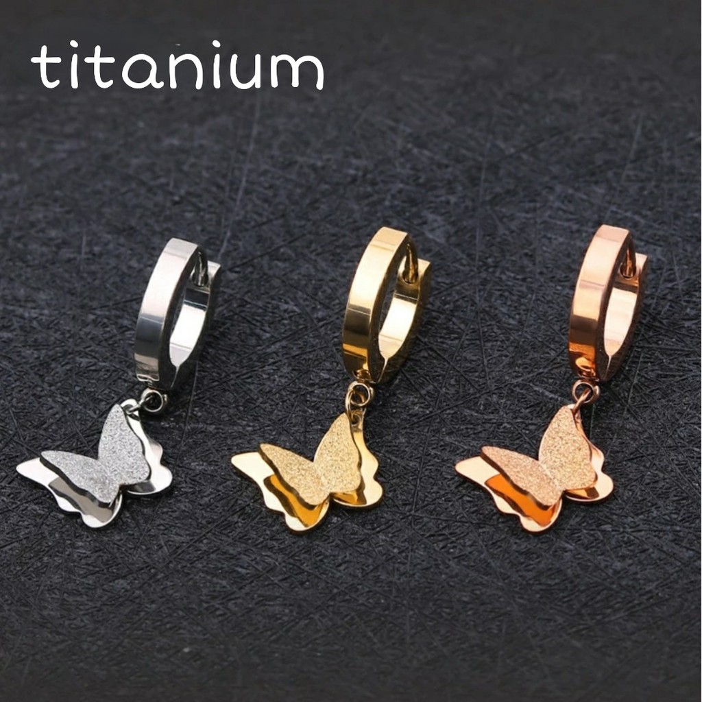 Anting Titanium Kupu-Kupu Juntai Untuk Wanita Fashion Warna Rose Gold, Gold dan Silver