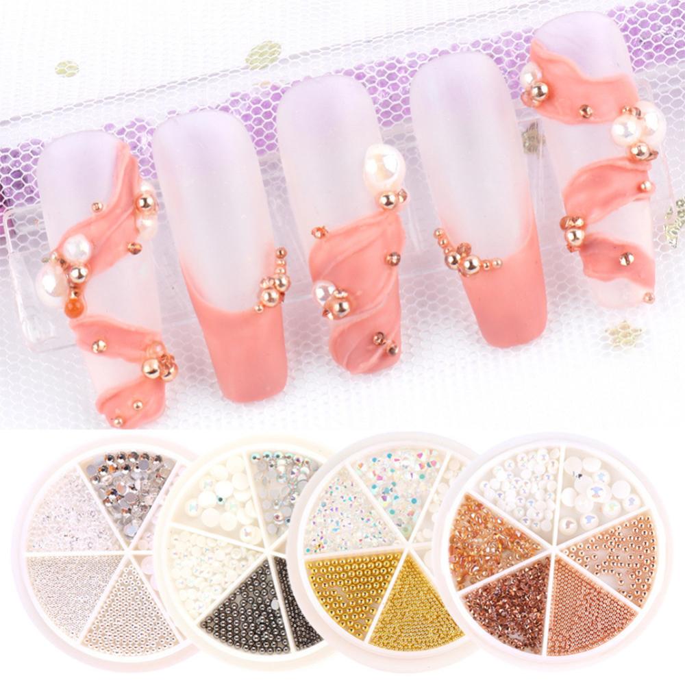 Timekey 6 Sekat / Kotak Bola Mutiara Putih Campur Untuk Dekorasi Nail Art DIY it A9K4