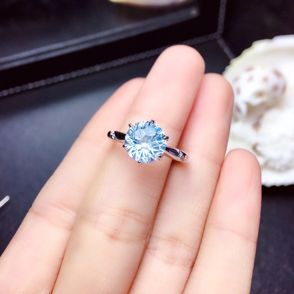 Klasik 6 Cakar Cincin Kristal Berlian Biru Muda Perak 925 Hadiah Pernikahan Pertunangan Fashion Wanita Rings