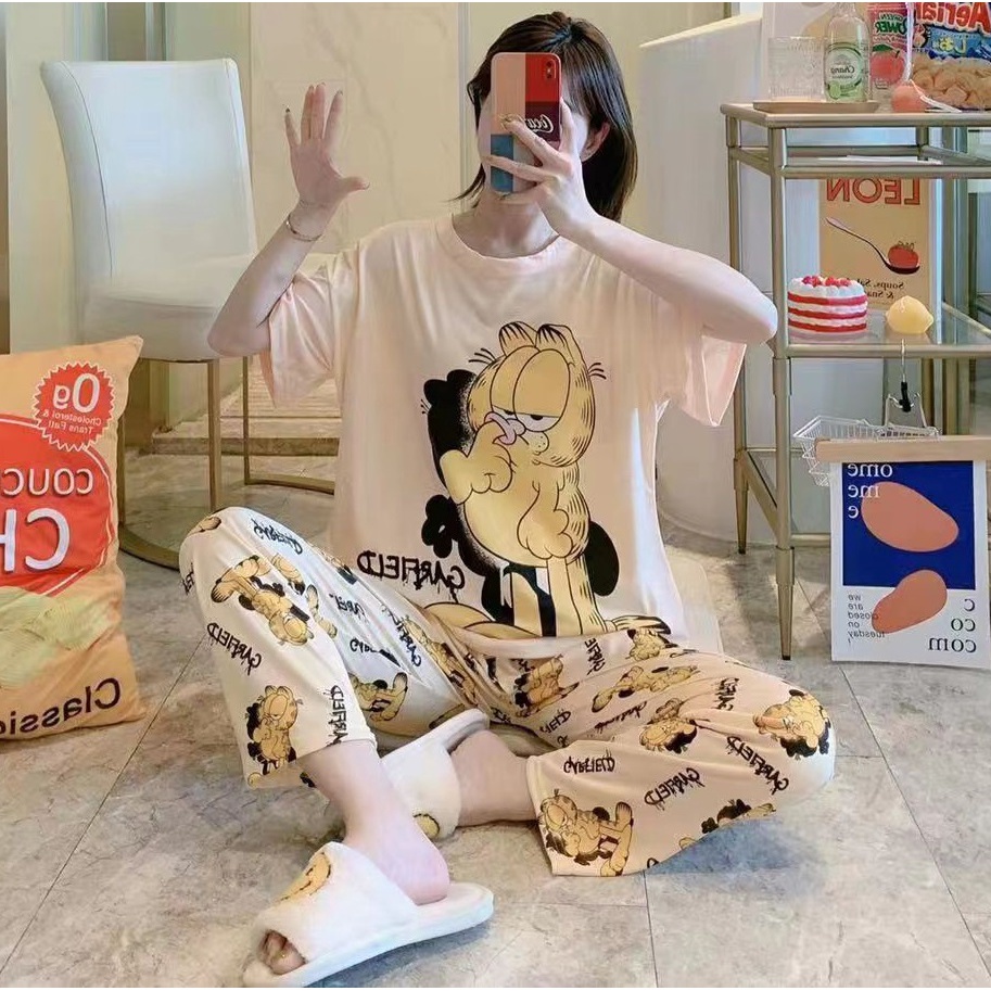 AJW Shop Baju Tidur Piyama Set 50 Motif | Setelan Wanita Import | Baju Tidur Wanita Dewasa | Piyama Wanita-Garfield Cream