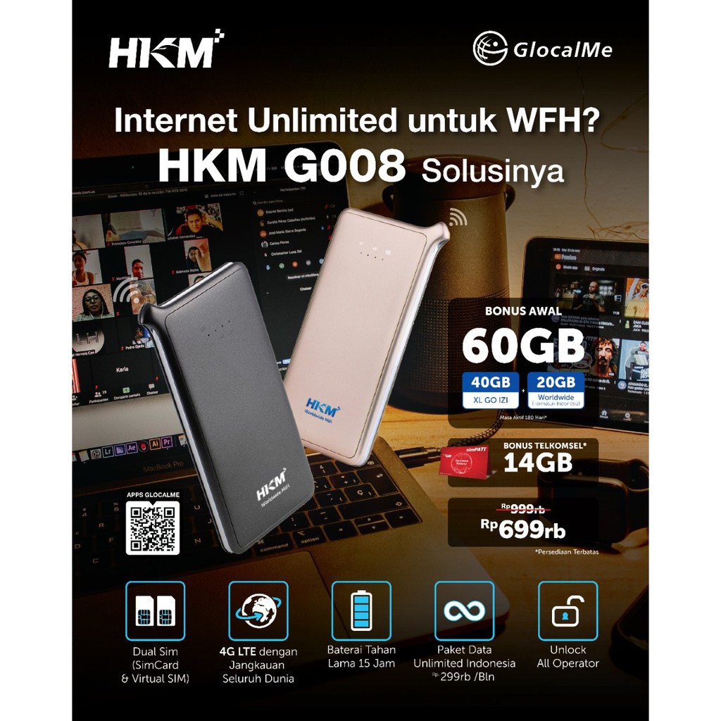 Mifi Modem Wifi 4G LTE GlocalMe HKM G008 XL Go IZI Free Kuota TELKOMSEL