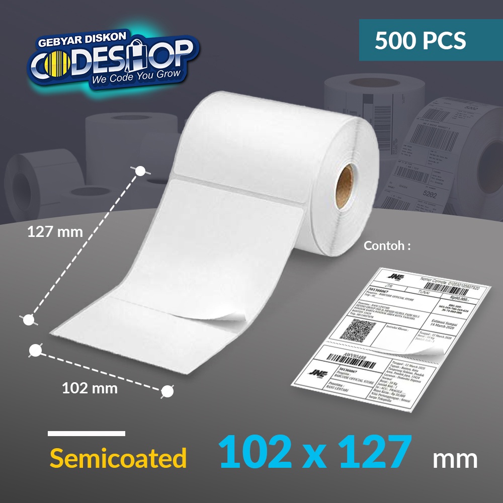 

Codeshop Label Semicoated 102 x 127 mm 1 Line Cacah Stiker Printer Barcode Core 1 Inch isi 500 Pcs