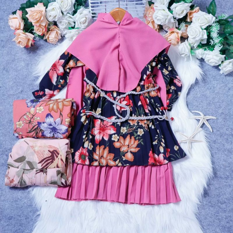 Gamis Plisket Mix Set Plisket Anak Gamis Syar'i One set Hijab