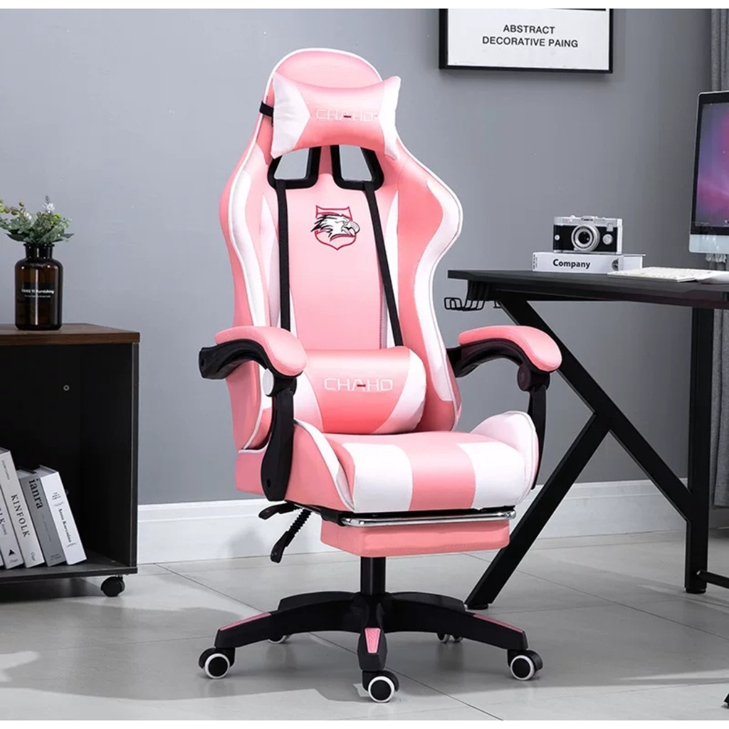 Bangku Gaming Kursi Gaming Chaho Chair Kursi Kerja Hidrolik Horizontal Footrest Kursi Balap-313 Pink Footrest