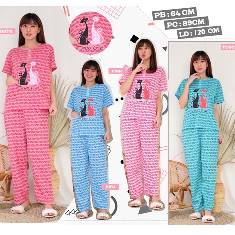 Lilipop.id  Baju Tidur Wanita CP Jumbo Twin cat Setelan Piyama BabyDoll XXXL Kaos Celana Panjang