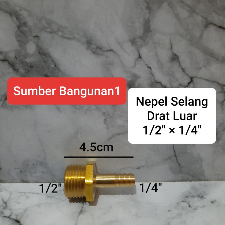 Nepel Selang drat luar 1/2" x 1/4" kecil kuningan sambungan selang