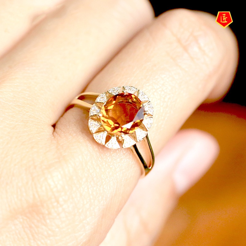 [Ready Stock]Simple Personality Full Diamond Inlaid Citrine Ring