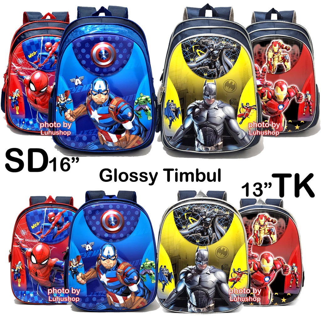 Glossy Timbul Tas TK SD Ransel Anak Laki Laki Timbul Sekolah Cowok Superhero Captain Batmen Spidermen Ironmen