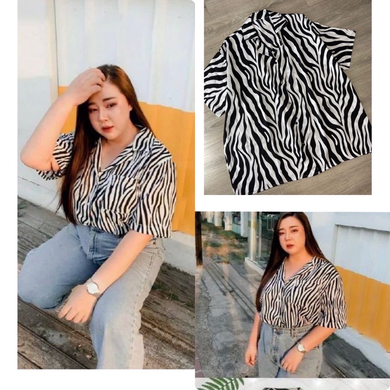 kemeja jumbo wanita Ld 120 sampai Ld 130 / atasan jumbo lengan pendek motif animal print zebra