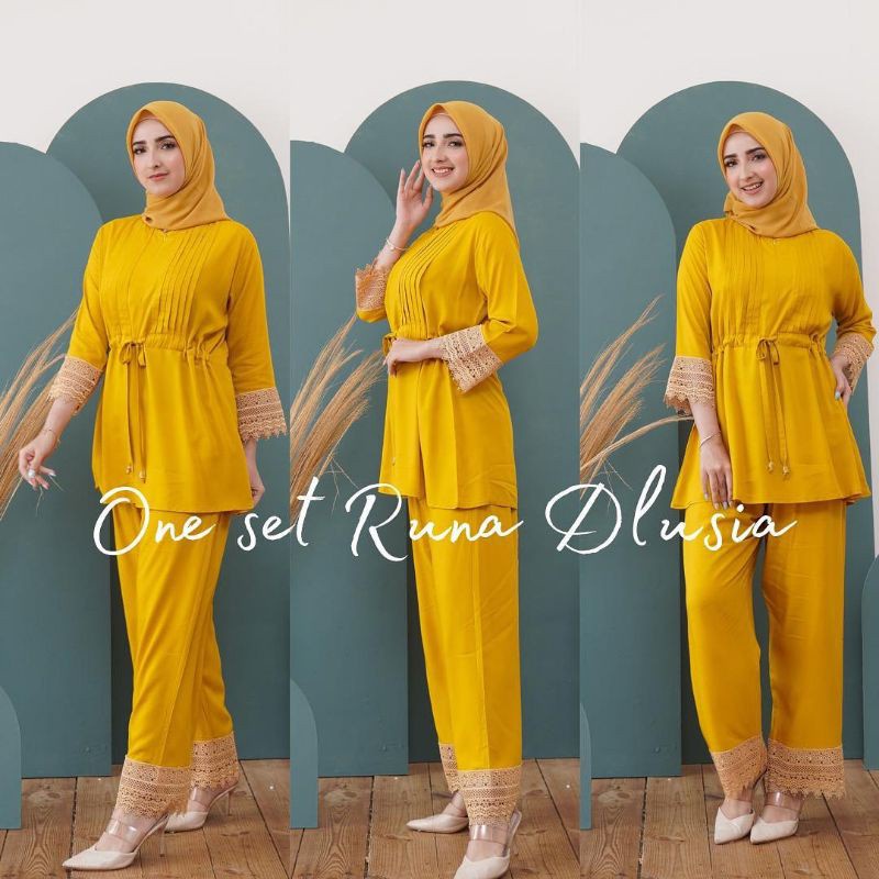 One Set Runna Setelan Wanita Rayon Premium Jumbo Renda Baju Wanita Set Celana Panjang Renda Kekinian LD 110 cm