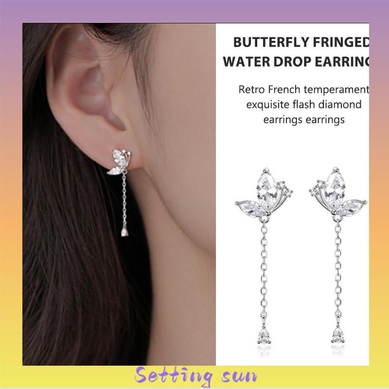 Anting Kupu-kupu Rumbai Drop Earrings Retro French Temperamen Indah Flash Diamond Earrings TN