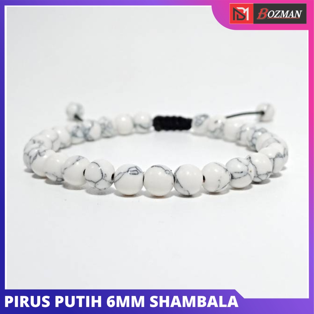 Gelang Batu Pirus Putih Aneka Diameter 6mm 8mm 10mm Model Shambala Dan Elastis