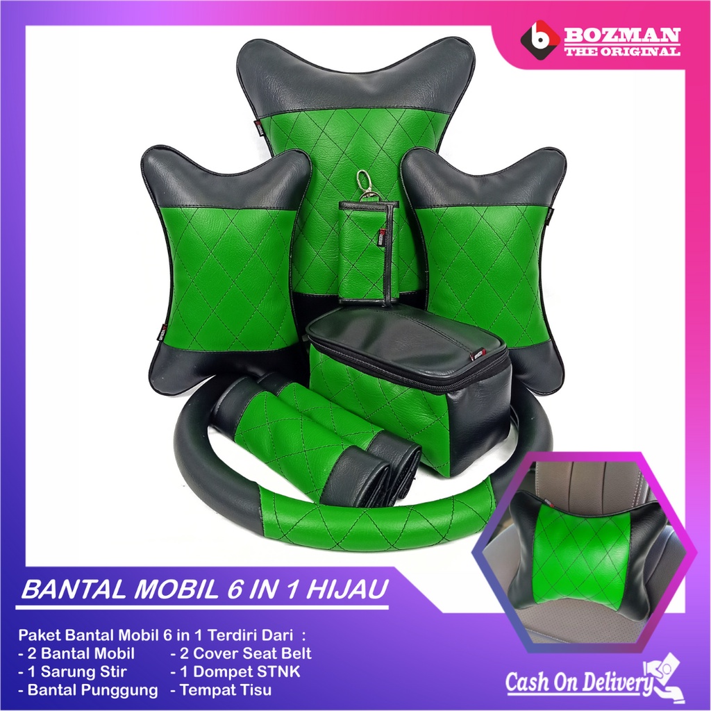 Set Bantal Mobil 6 in 1 Premium Bantal Leher Pinggang Cover Stir SeatBelt Tempat Tisu Free Dompet STNK