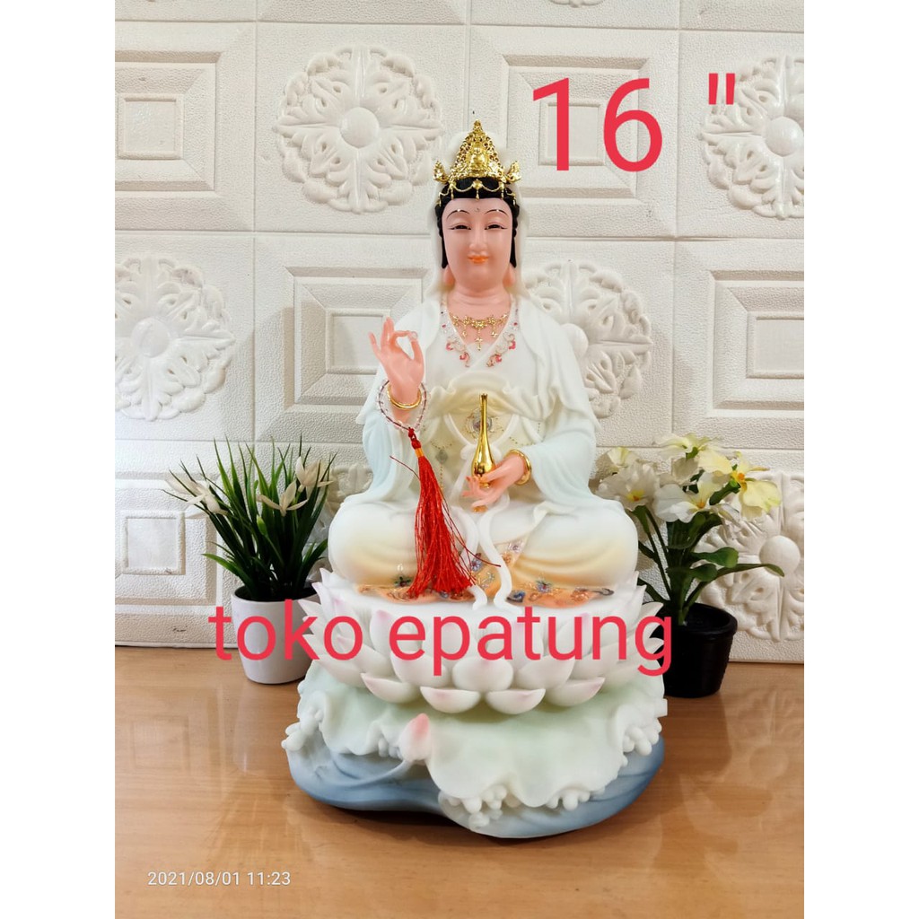 patung dewi kwan im / kwan in / guan yin - 16 inch - giok - teratai