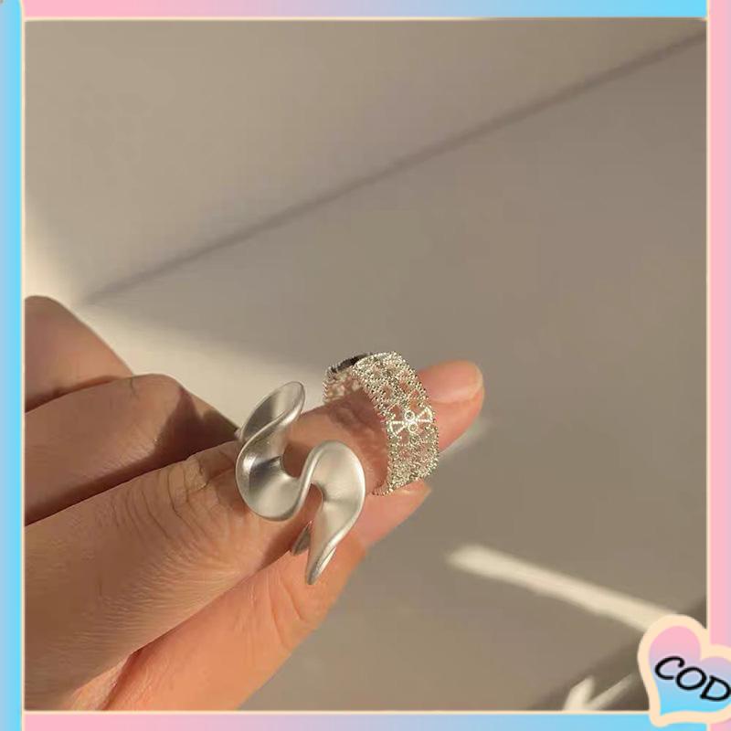 COD❤️ Cincin Renda Zirkon Gelombang Matte Pembukaan Cincin Sederhana Wanita yang Dapat Disesuaikan-A.one