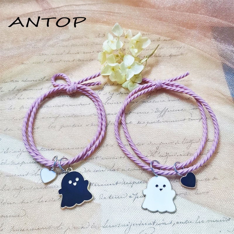 2Pcs Gelang Couple Pasangan Hitam Tenun/Lucu Hantu Magnet Kapel Persahabatan Wanita Dan Pria Adjustable Gelang