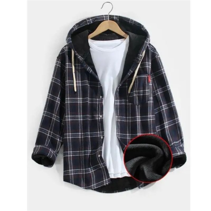 Kemeja Flanel Hoodie Lengan Panjang Kemeja Flanel Cowok Bertudung