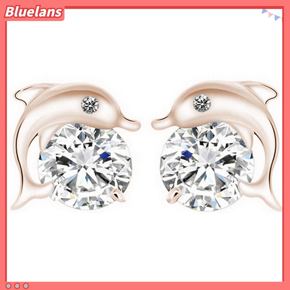 Anting Stud Bentuk Lumba-Lumba Bahan Cubic Zirconia Lapis Silver Untuk Wanita