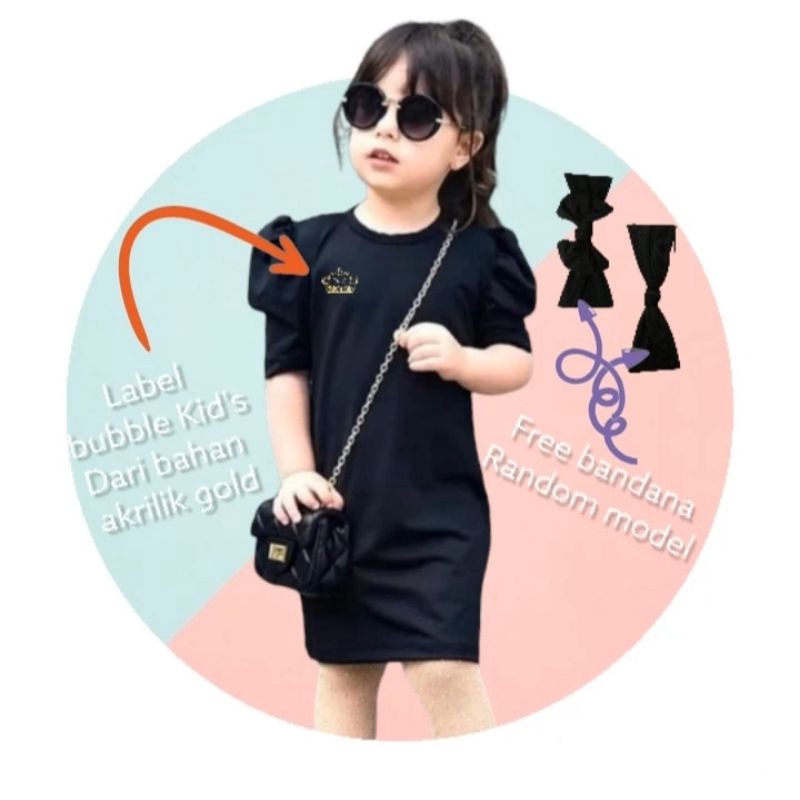 baju anak perempuan | dress tangan balon free bando size 1-6 tahun bahan adem dan elastis