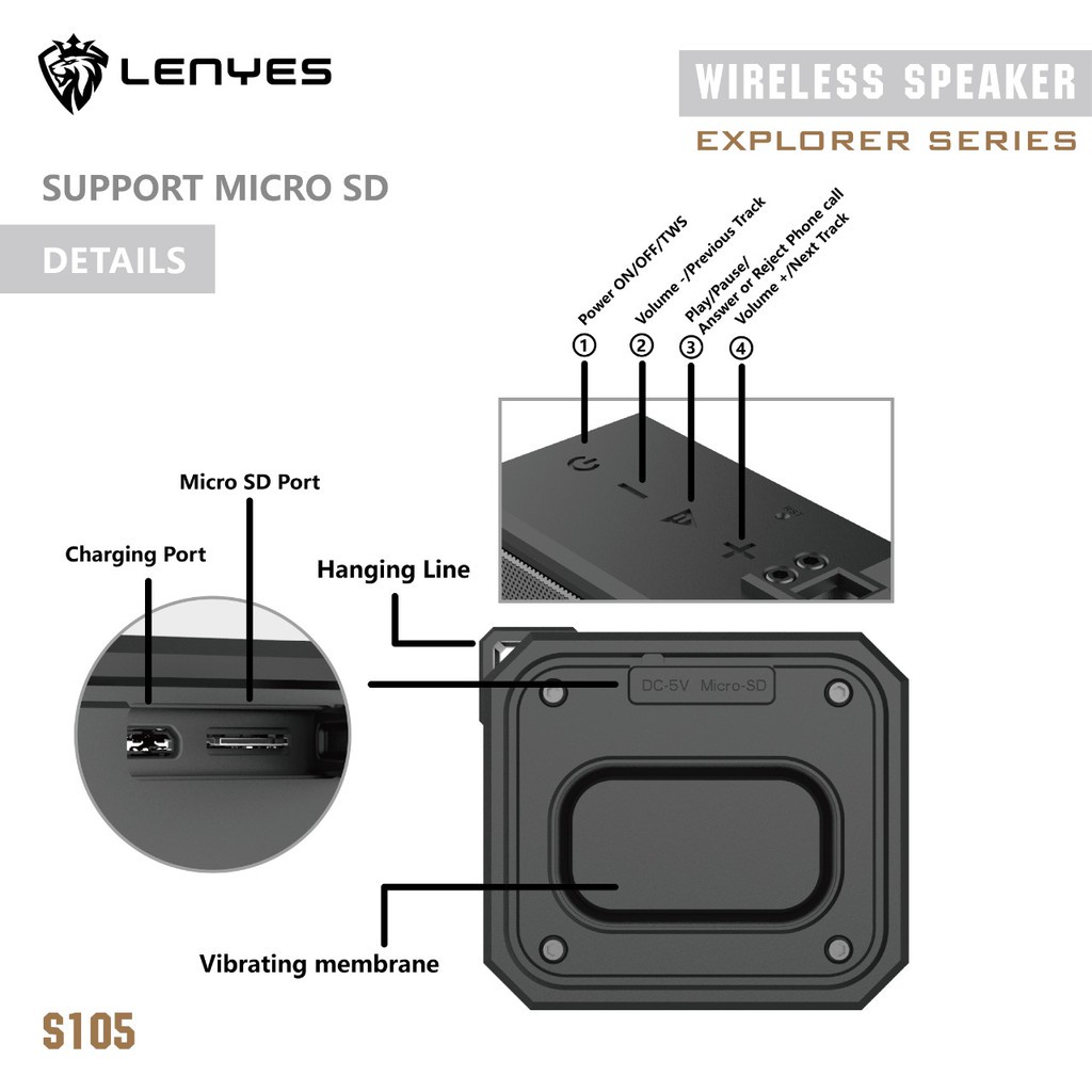 LENYES S105 Speaker Bluetooth waterproof ipx7 outdoor wireless TWS HIFI BASS anti air tahan banting original