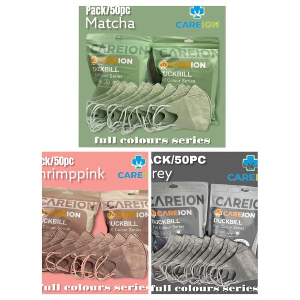 READY MASKER DUCKBILL CAREION CARE ION FULL COLOURS SERIES MATCHA SHRIMP PINK GREY ABU ABU ISI 50 LBR PER PACK 3 PLY