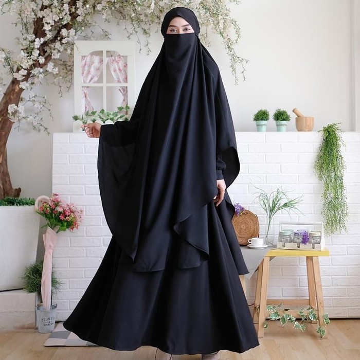 Gamis Jumbo Setelan gamis syari polos gamis hitam polos free cadar abaya hitam 60BUU