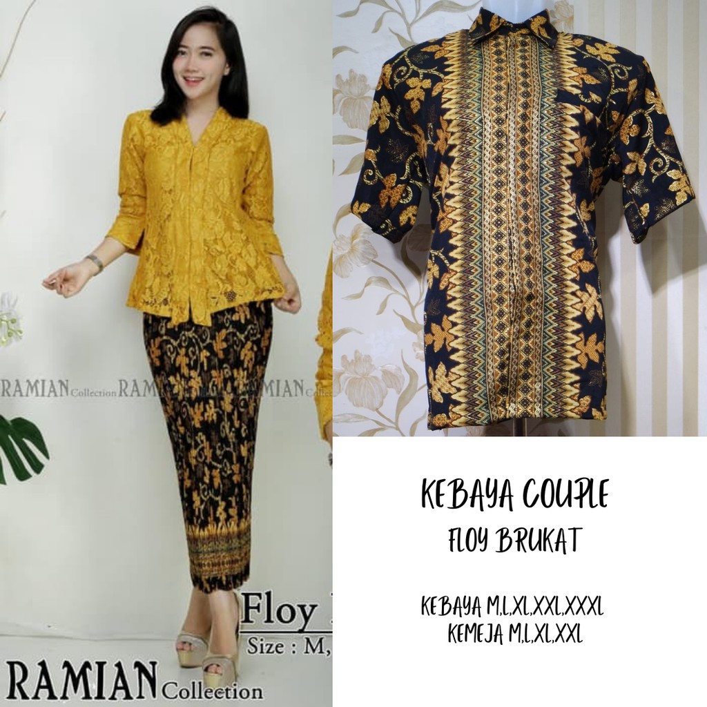 SETELAN KEBAYA COUPLE / BATIK COUPLE FLOY BRUKAT GOLD DAN KEMEJA