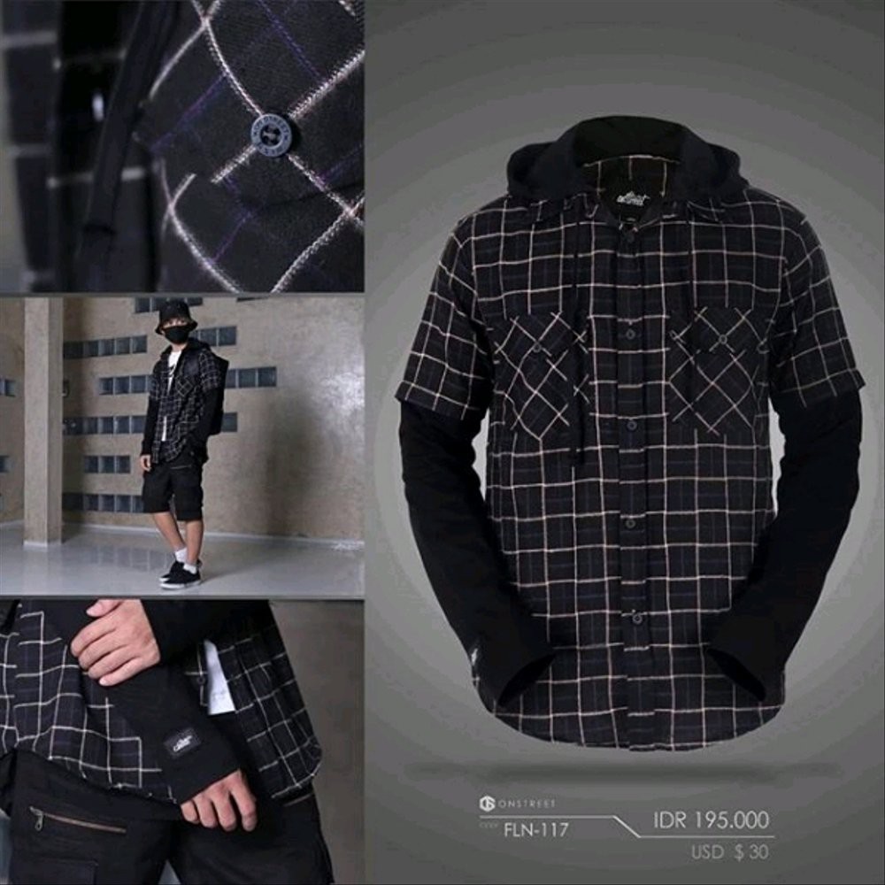 DIJUAL KEMEJA FLANNEL HOODIE DOUBLE LAYER ONSTREET P710193  BLACK Diskon