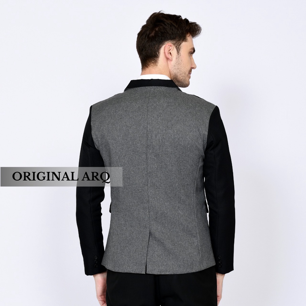 JAS BLAZER PRIA FORMAL SLIMFIT BAHAN PREMIUM ABU KOMBINASI HITAM ORIGINAL ARQ TERBARU