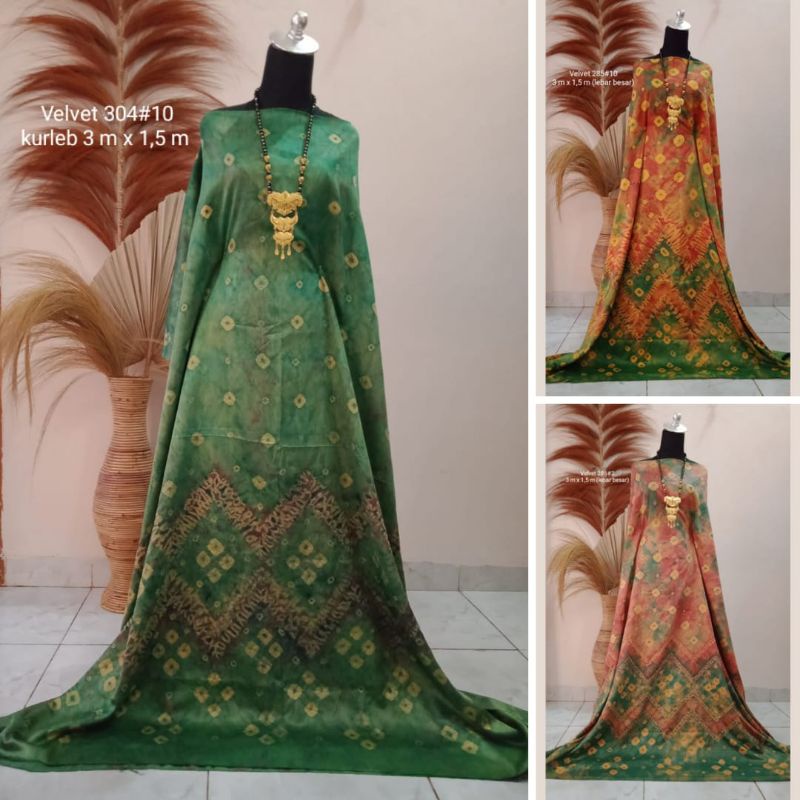 KAIN JUMPUTAN KHAS PALEMBANG VELVET HIJAU OREN 3 METER LEBAR BESAR BAHAN BAJU GAMIS WANITA SERAGAM K