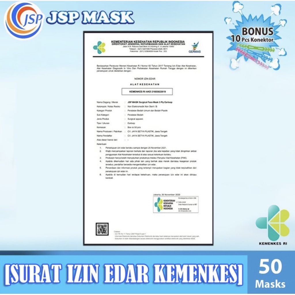 MASKER JSP MASK 3 PLY SM O9 TANPA KONEKTOR MEDIS