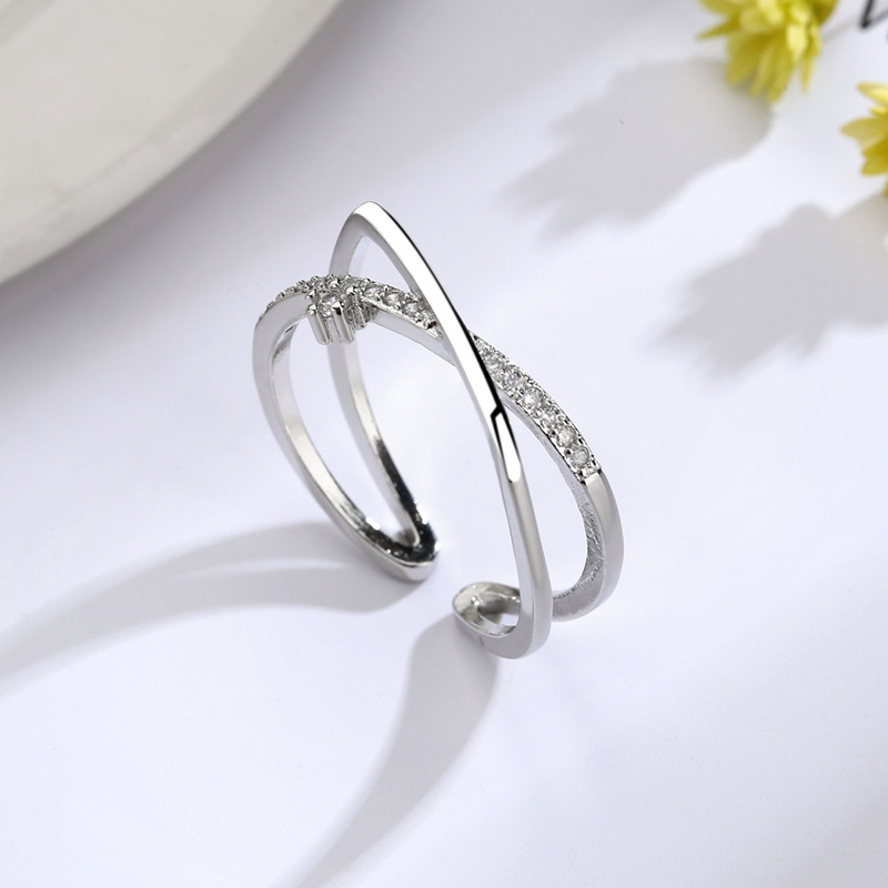 Korean Style Sparkling Diamond Cross Open Ring Women's Fashion Jewelry Engagement Gift