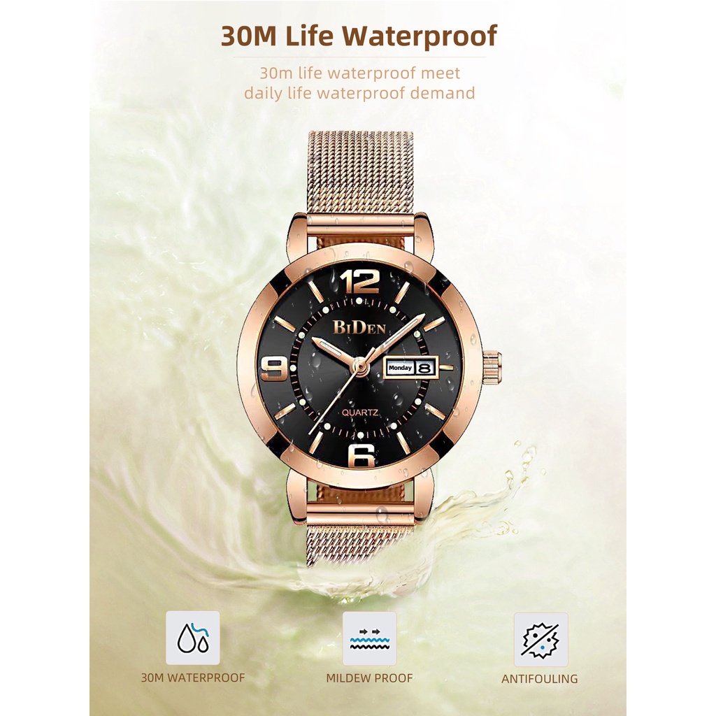 Biden 602 Jam Tangan Wanita Analog Mesh Band Calendar Quartz Watch Original Water Resistant 30 Meter