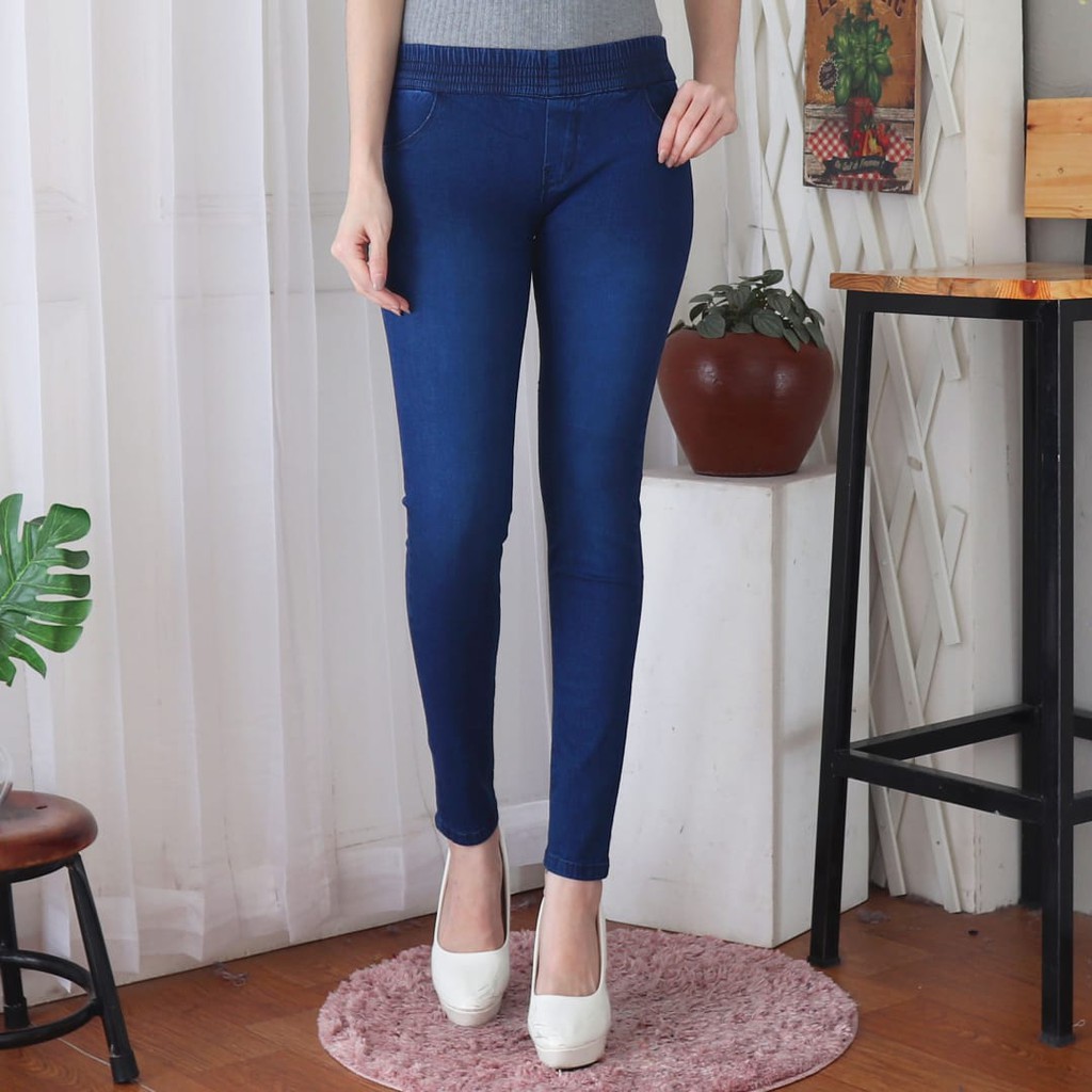 7C-G CELANA LEGGING JEANS PREMIUM BIRU DIAMOND /PINGGANG KARET JEANS /BIGSIZE /27 - 38