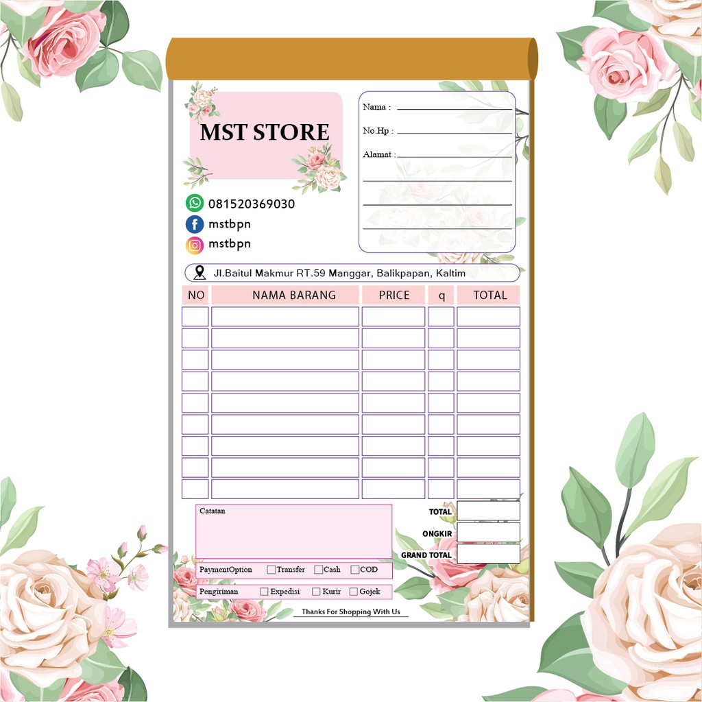 

Nota Olshop Rose A / Nota Penjualan / Paket Hemat Nota 4 Buku Potrait