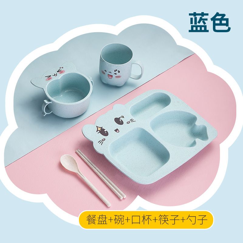 Wheat Straw Cutlery Set / Alat Makan Anak Set 5 Piring Gelas Mangkok Sendok Sumpit Jerami Gandum