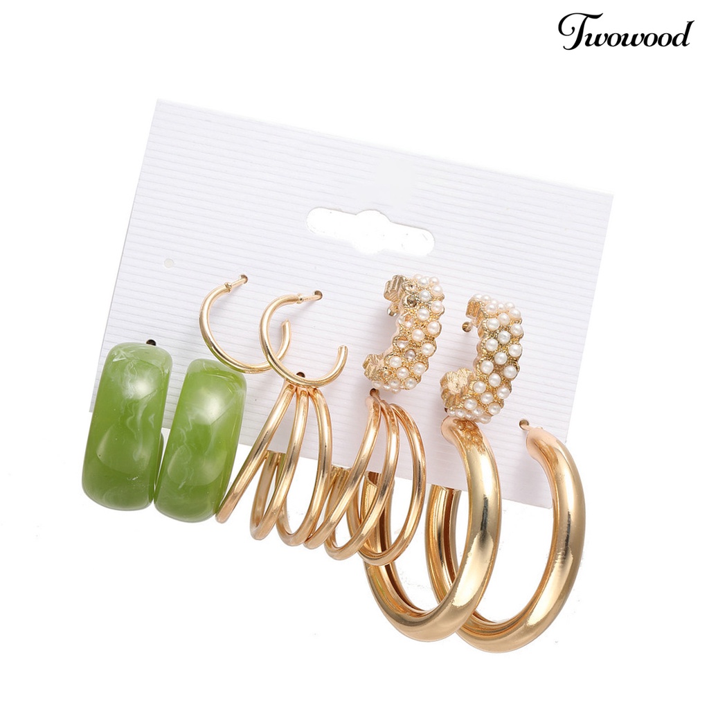 5 Pasang Anting Hoop Bentuk Bulat Aksen Mutiara Imitasi Bahan Metal Gaya Bohemian