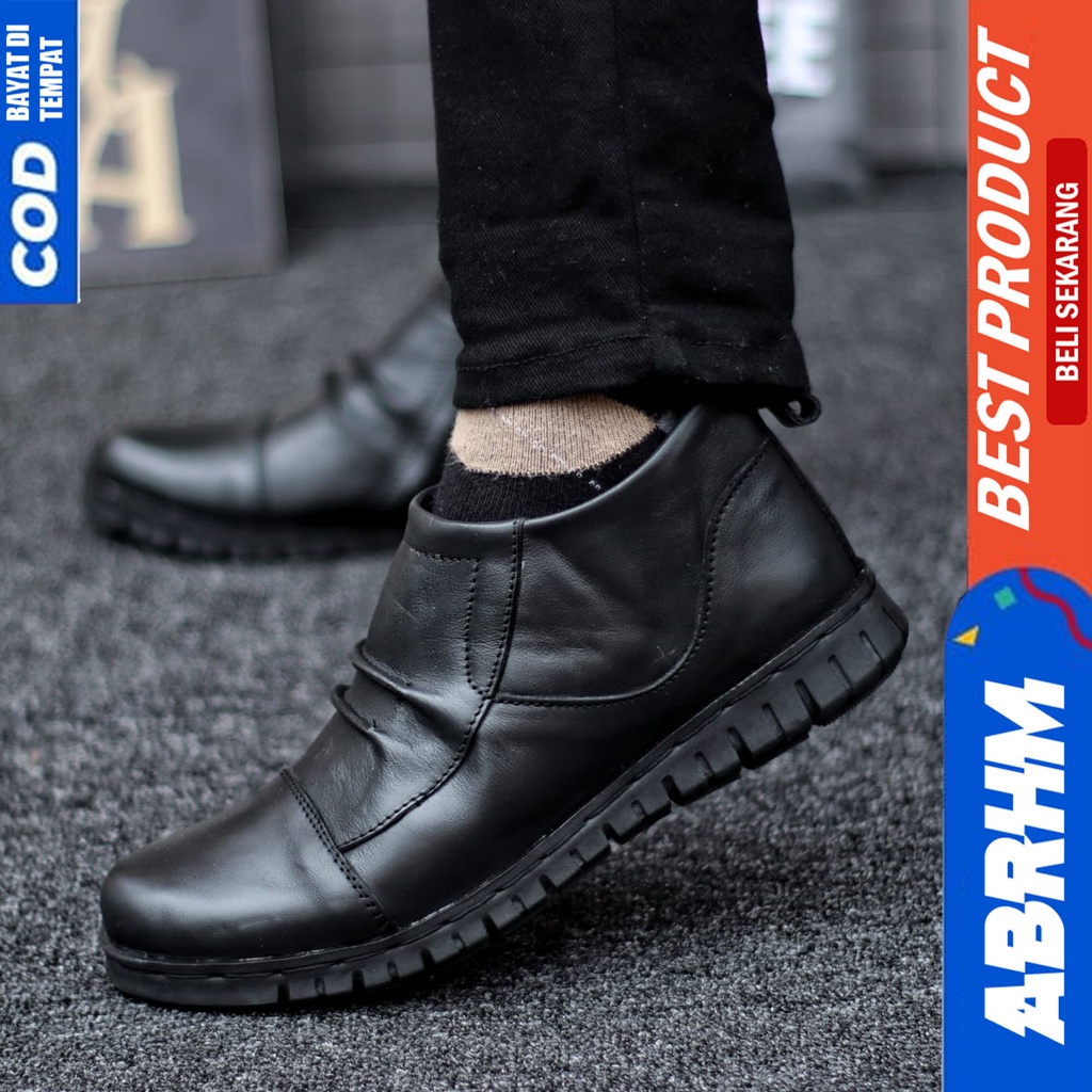 Sepatu Boots Pantofel Formal Kulit Asli Kerja Kantor Hitam Pria Abrhm Estem