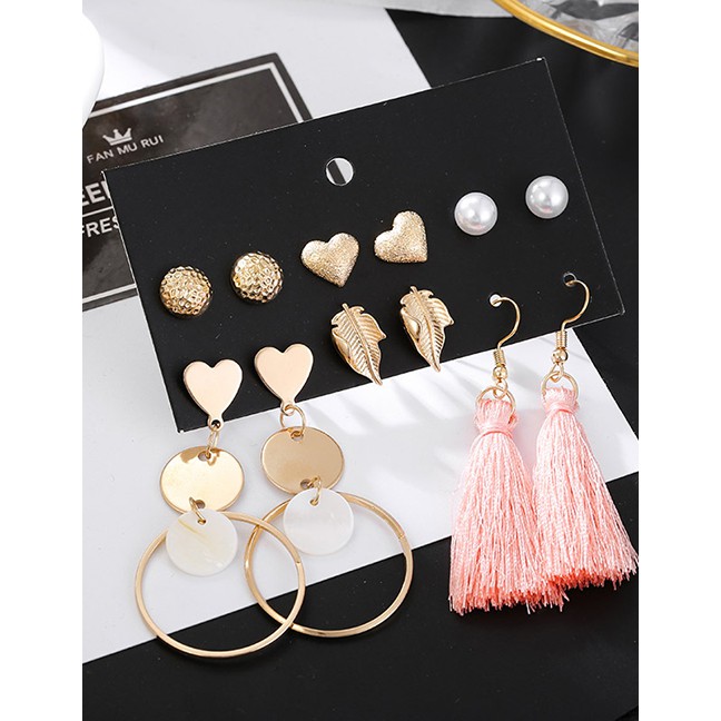 LRC Anting Set Fashion Gold Metal Leaf Pearl Shell Heart Shaped Tassel Stud Earring Set F76185