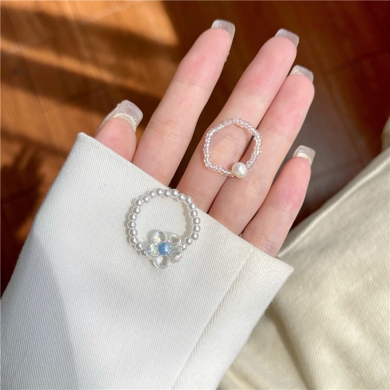 1pc Cincin Manik-Manik Mutiara Bentuk Bunga Bahan Akrilik Warna Putih Gaya Korea Untuk Wanita