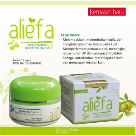 ALIEFA Cream Wajah Zaitun Plus Green Tea dan Vitamin E Krim Pelembab Berat 15 Gram Original BPOM.