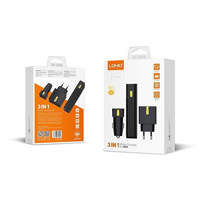 LDNIO CC200 - 3 in 1 Mobile Charging Kit with Turbo Power Engine - Charger &amp; Powerbank Travel Set