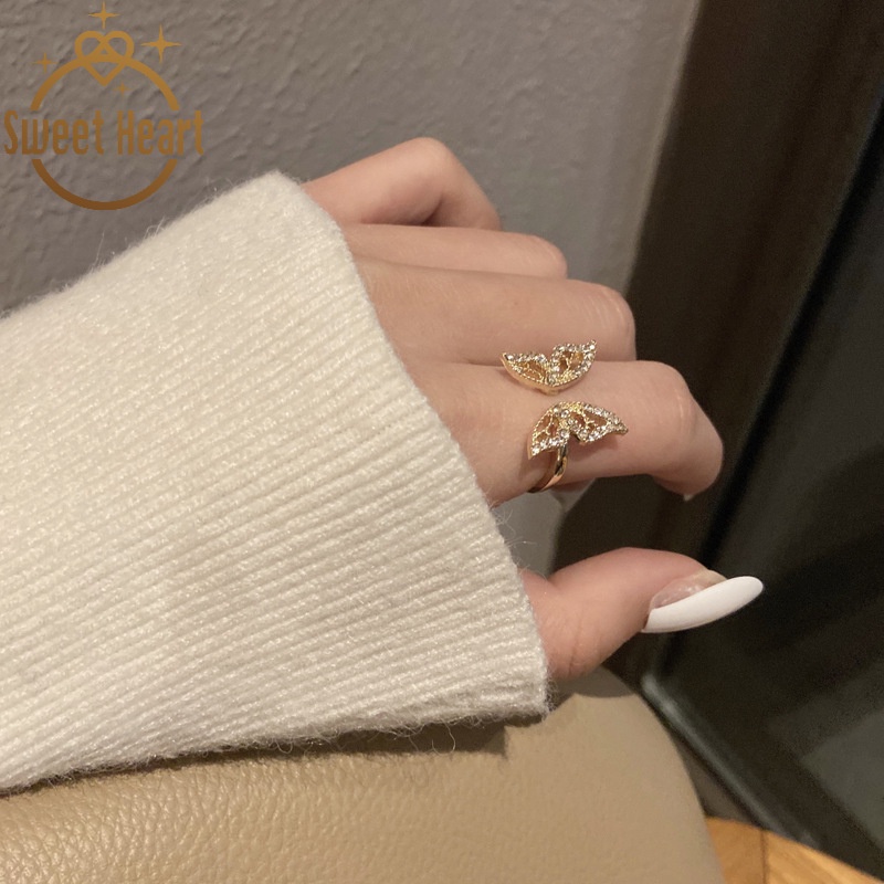 Cincin Bentuk Kupu-Kupu Aksen Berlian Gaya Korea Untuk Wanita