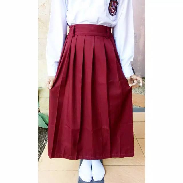 Rok seragam SD plisir panjang merah karet Litton bahan adem uk 2-12 / rok sekolah panjang merah