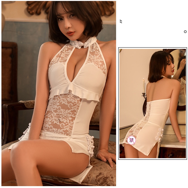 Lingerie Wanita Renda dan Satin Tipis Baju Tidur V-Neck Celah Samping Seragam Cosplay cheongsam 3A538