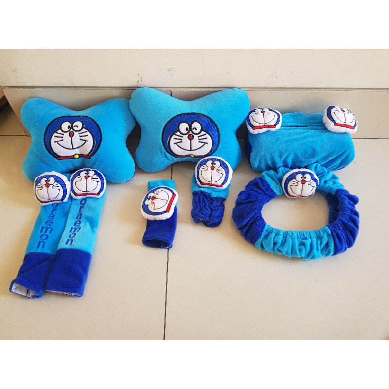 PAHE 6IN1 BANTAL LEHER MOBIL SET TEMPAT TISUE TISU SABELT DORAEMON BIRU BLUE