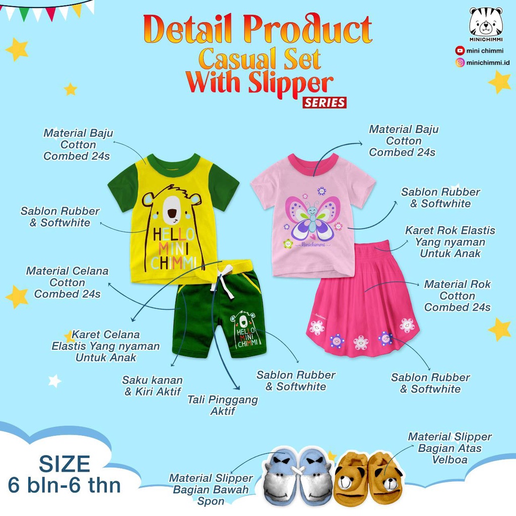 Minichimmi Set Slipper, Casual Set With Slipper, Setelan Anak Laki Laki Dan Perempuan