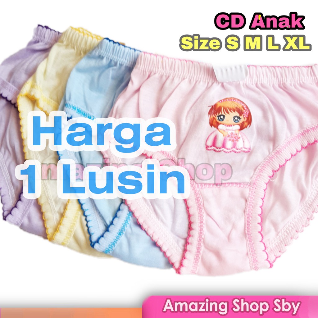 1 Lusin (12 Pcs) CD Celana Dalam Anak Perempuan Cewek Polos Sablon Cantik