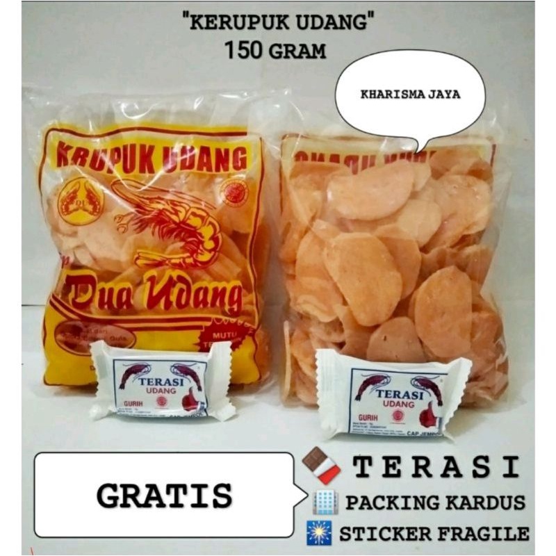 

KERUPUK UDANG @150 GR CAP 2 UDANG BONUS TERASI/ TEH UPET KHAS CIREBON