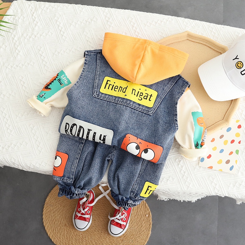 Setelan Anak Laki Laki Import 3pcs Pakaian Set Anak Rompi Jeans Hoodie Sweater Celana Jeans Import